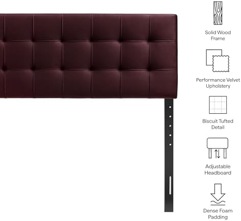 Modway Lily Performance Velvet Full Size Headboard with Biscuit Tufting in Mulberry - Stain-Resistant Upholstery with Padded Design and 5 Height-Adjustable Mounts