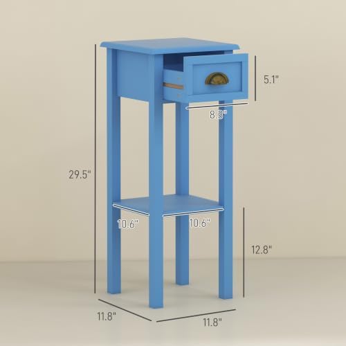 HOMCOM Narrow End Table with Drawer and Bottom Shelf Set of 1 Light Blue