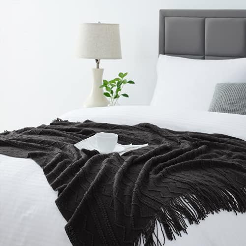 BOURINA Black Throw Blanket 50x60 Inch Boho Knitted Soft Throw Sofa Blanket
