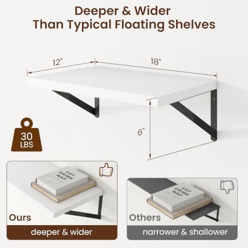 Axeman Deep Floating Shelves, 18'' x 12'' White Wall Shelves Set of 2