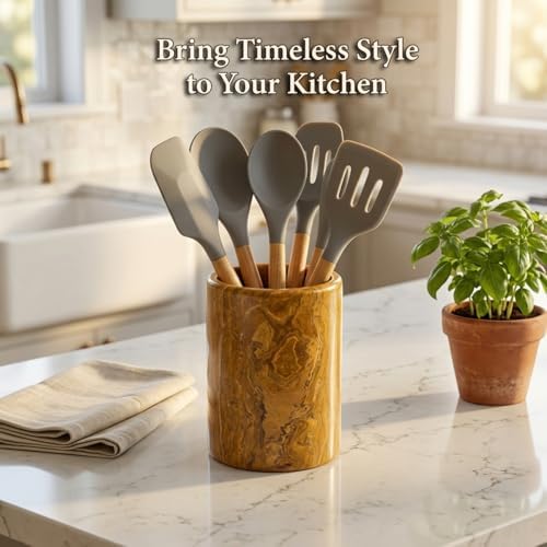 Handmade Marble Utensil Holder for Kitchen Countertop Storage | Multipurpose Organizer for Spatulas, Office Supplies, & Wine Chiller (Multi Brown)