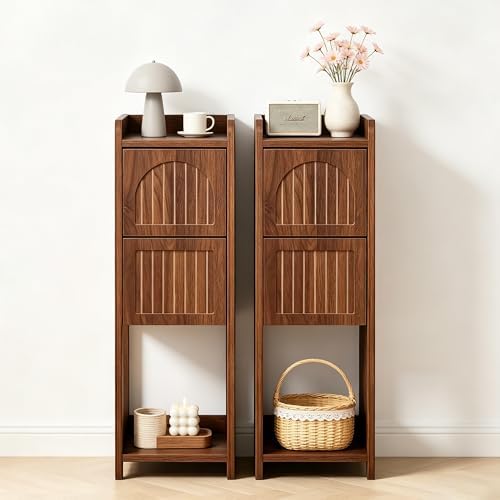 Narrow Nightstand Set of 2, Wooden Small 2 Drawer Nightstand, Slim Side End Table, Skinny Bedside Table, Mid Century Modern Night Stand with Drawers for Bedroom (Deep Walnut-2 pcs)
