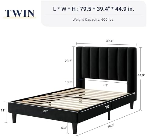 Allewie Twin Bed Frame/Velvet Upholstered Bed Frame with Vertical Channel Tufted Headboard/Strong Wooden Slats/Platform Bed Frame/Mattress Foundation/Box Spring Optional/Easy Assembly/Black
