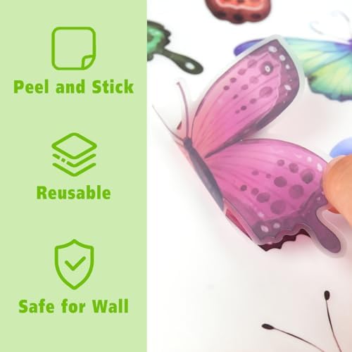 62 Large Butterfly Wall Decals - Peel and Stick Vinyl Wall Stickers for Room Decor, Safe for Walls, Repositionable
