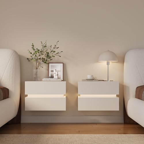 homary Set of 2 Floating Nightstands with LED Light, Wall Mounted Bedside Table with Wireless Charging Station, Smart Night Stand with 2 Drawers Storage, Modern Bedroom Furniture, White