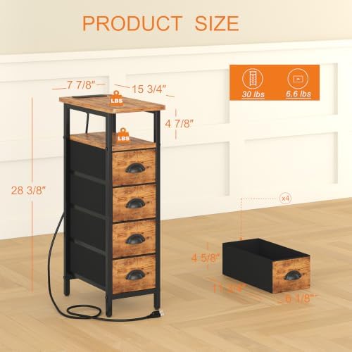 sthmec Side Table with Charging Station, Narrow End Table with 4 Drawers, Small Nightstands with Fabric Drawers,Slim Sofa Couch Side Tables for Small Spaces,Living Room,Bedroom,Rustics Brown