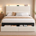 Queen Bed Frame with 2 Storage Drawers, Light Beige Velvet Upholstered