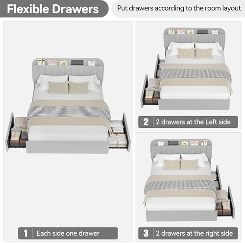 IDEALHOUSE Queen Bed Frame with 2 Flexible Drawers and Bookcase Headboard, Boucle Upholstered Platform Bed for Boys/Girls, Noise-Free, Easy Assembly, No Box Spring Needed, Gray