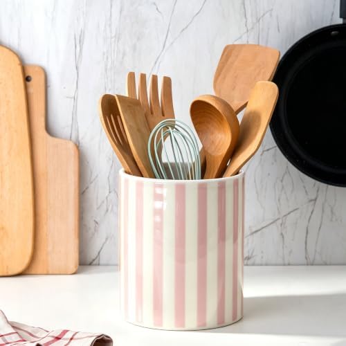 Kitchen Utensil Holder,7.2-inch Extra Large Ceramic Stripes Pattern Utensil Crock,Cooking Utensil Organizer for Kitchen Counter Decor,Storage Caddy Farmhouse Gift Yellow Pink