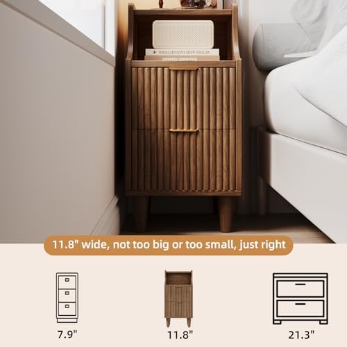 Narrow Nightstand Set of 2,11.8" Fluted Bedside Table Set of 2, Slim Side End Table with 2 Drawers, Wooden Bedside Table, Mid Century Modern Night Stand for Bedroom Livingroom Sofa Office