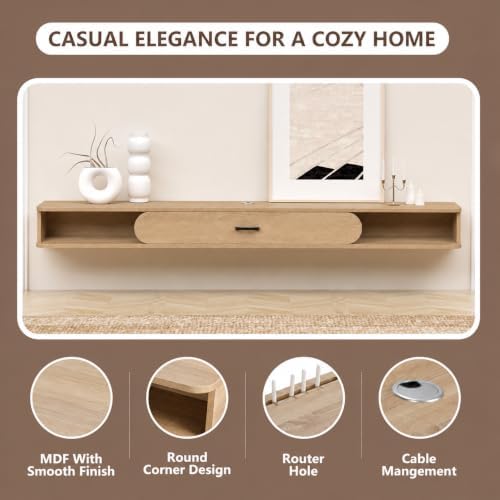 GHC Floating TV Stand, 75'' Wall Mounted TV Cabinet, Floating Shelves with Door, Media Console for DVD Player, Space-Saving Under TV Shelf for Bedroom & Living Room (Oak)