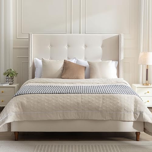 Queen Upholstered Bed Frame with 54" Wingback Tall Headboard Ivory Velvet
