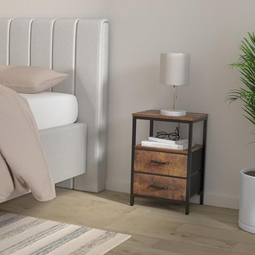 Huuger Nightstand with Charging Station, Side Table with Fabric Drawers