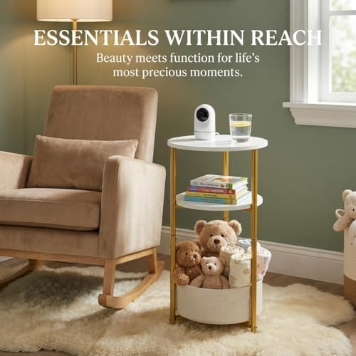 3-Tier Small Round Side Table with Storage Basket, White & Gold