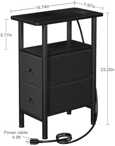 LOAKEKEL Narrow End Table with Charging Station, Small Nightstand