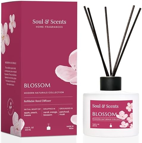 Soul & Scents Reed Diffuser Set – Blossom | 7.43 oz Refillable Scented Oil with 6 Fiber Sticks | Long-Lasting Home Fragrance & Air Freshener for Bedroom, Bathroom, Office | Gift & Décor Piece
