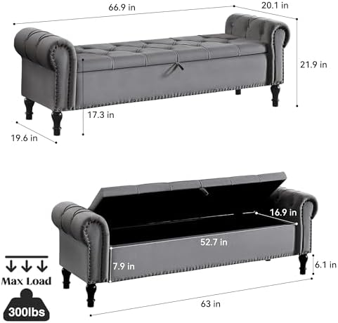 Velvet Storage Bench 67 Inch Upholstered Tufted Ottoman Bench with Rolled Arms Large Storage Space King Size End of Bed Bench for Bedroom Living Room Entryway Dark Grey