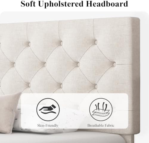 HOMBCK King Size Bed Frame, Upholstered Bed Frame with Headboard, White