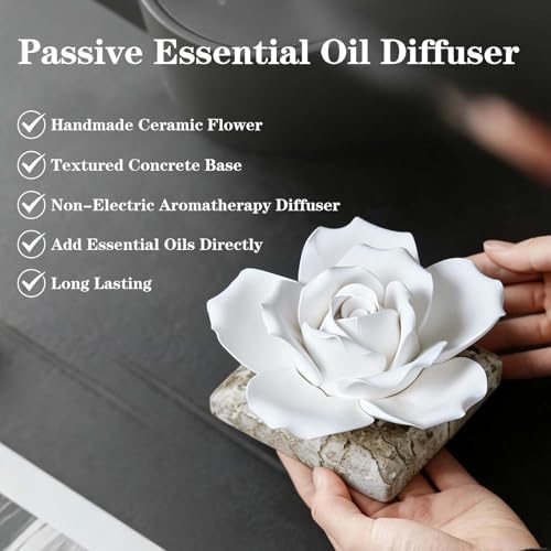Ceramic Passive Essential Oil Diffuser, Aesthetic Desktop Handmade Flower & Concrete Base, Porcelain Aromatherapy Oils Diffuser for Home, Office, Yoga, Spa Room (White Rose)
