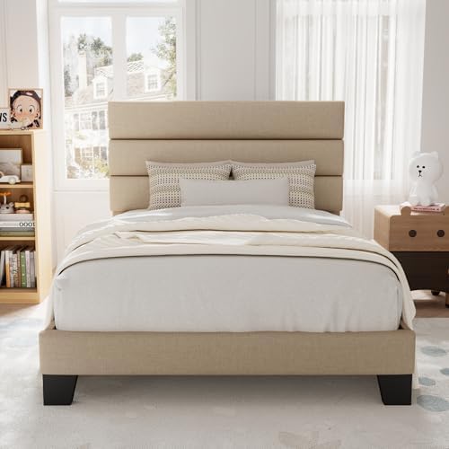 Allewie Twin Size Platform Bed Frame with Fabric Upholstered Headboard