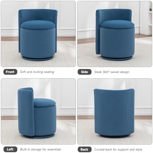 MINCETA Vanity Chair with Storage, 360° Swivel Accent Chair, Blue