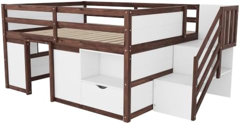 Bellemave Full Size Low loft Bed for Kids,Wood Loft Beds,Modern Farmhouse Full loft Bed,Loft Bed with Desk and Storage, No Box Spring Needed,for Kids, White + Walnut