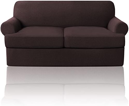 PrinceDeco T Cushion Loveseat Slipcover 3 Pieces Sofa Covers for T Cushion Sofa Stretch Slip Covers for 2 Cushion Couch with 2 Individual T Shape Seat Covers Width Up to 76"- Washable, Brown