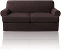 PrinceDeco T Cushion Loveseat Slipcover 3 Pieces Sofa Covers for T Cushion Sofa Stretch Slip Covers for 2 Cushion Couch with 2 Individual T Shape Seat Covers Width Up to 76"- Washable, Brown