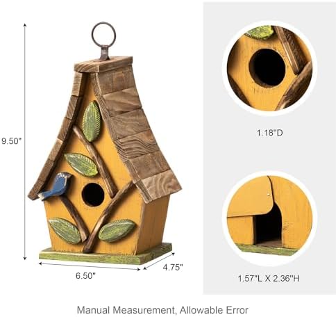 Glitzhome Bird Houses for Outside, Bluebird Houses for Outdoors, 9.5"H Hanging Bird House Decorative Solid Wood Birdhouse with Natural Wood Pallet Roof for Hummingbird,Sparrow,Wren Finch,Washed Yellow