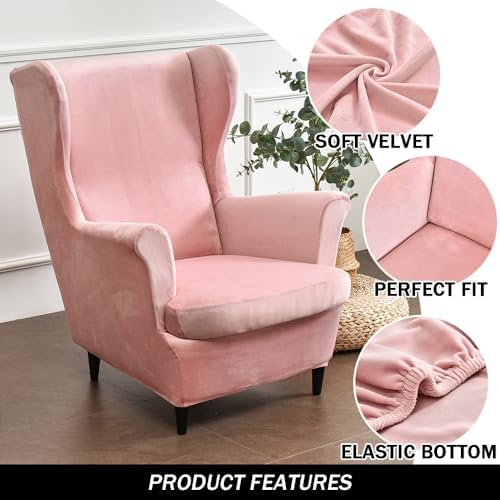 Wing Chair Slipcovers, 2 Piece Stretch Wingback Chair Cover Soft Velvet Armchair Covers with Elastic Bottom for Living Room Bedroom (Pink)