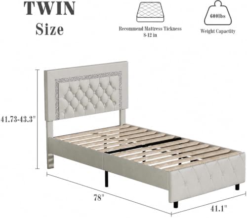 BarnFurin Twin Bed Frame with Diamond Tufted Headboard, Cream