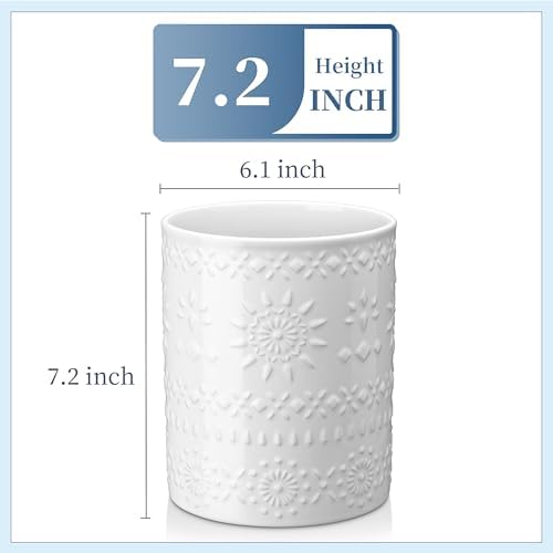 LOVECASA 7.2" Ceramic Utensil Holder, Farmhouse Countertop Crock, White