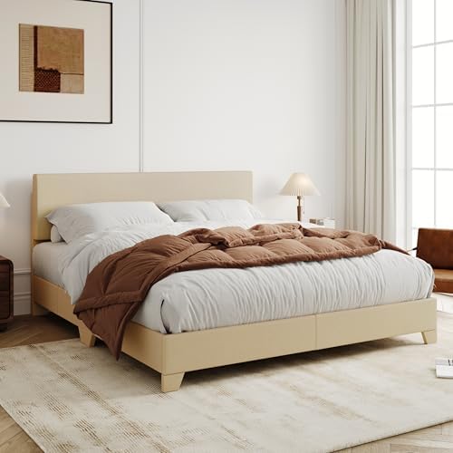 Allewie Queen Size Upholstered Bed Frame Adjustable Headboard, Beige