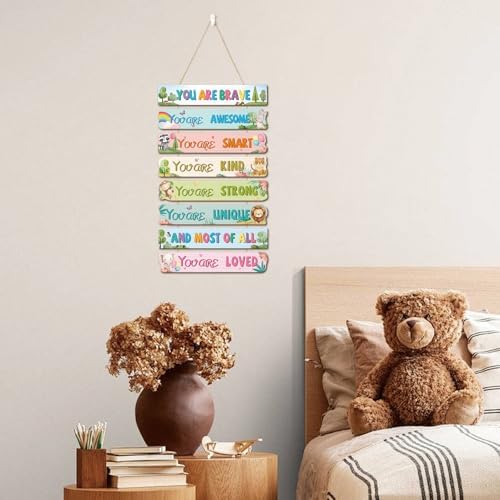 HLNIUC Woodland Nursery Wood Decor,Safari Animals Wooden Hanger,Motivational Quotes Hanging Signs,Colorful Inspirational Hanging Plaque,Boho Rainbow Wall Wreath For Nursery Bedroom Classroom