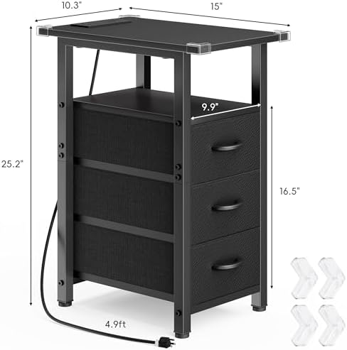 Vagusicc Black End Table with Charging Station, Narrow Side Table, 25.2'' Tall Narrow Nightstand with 3 Fabric Drawers, Slim Sofa Side Table for Small Spaces, Small Night Stand for Bedroom, Black