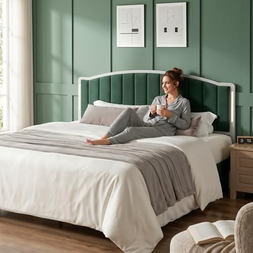 Upholstered Tufting Headboard for King Size Bed with Lights, Green