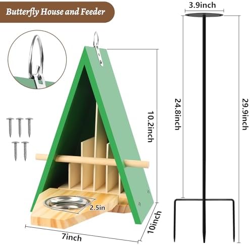 New Butterfly House and Feeder, Wooden Butterfly House with Metal Stake