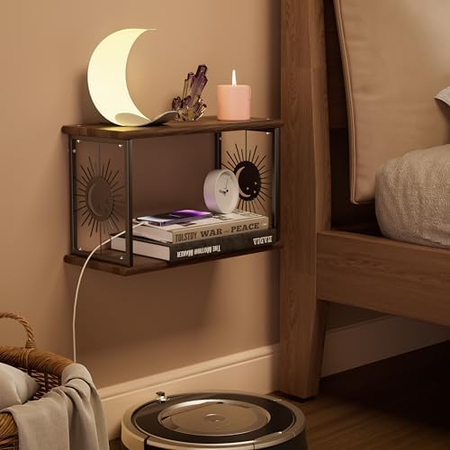 Floating Nightstand Wall Mounted - Natural Solid Wood Night Stand, Bedside Table 2 Tier Shelf, Modern Metal Celestial Side Floating Shelves Decor for Living Room Bedroom