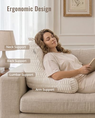 Blissful Diary Reading Pillow, Large Backrest Pillow with Shredded Memory Foam for Adult & Children, Designed for Bed and Couch Sitting Up, Includes Arms, Pockets and Washable Cover, Off White