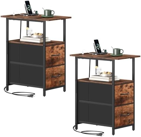 Somdot End Table Set of 2 with Charging Station, 2 Drawers, Slim Side Table