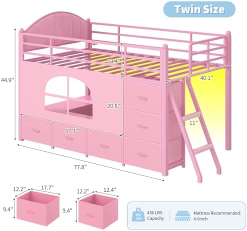 DICTAC Low Loft Bed Twin Size with 8 Storage Drawers, LED Lights, Twin Loft Bed with Upholsterd Headboard, Inclined Ladder&Play Curtain, Kids Loft Bed with Safety Guardrail, Under-Bed Play Area, Pink
