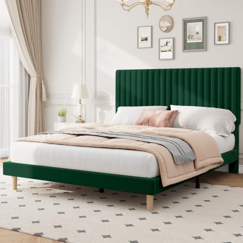 GAOMON Full Bed Frame with Adjustable Headboard, Velvet Upholstered Platform Full Size Bed Frame, Vertical Channel Tufted, Strong Wooden Slats, No Box Spring Needed, Easy Assembly, Green