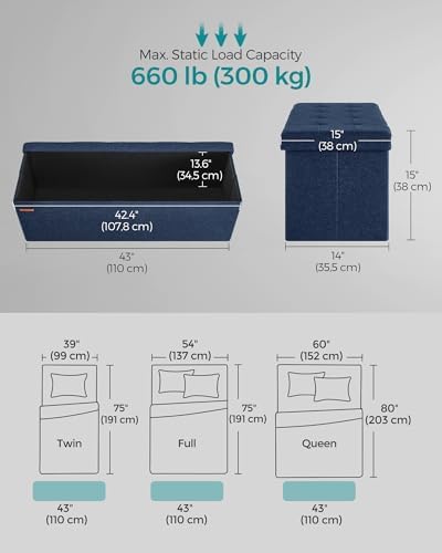 SONGMICS 43.3 Inches Storage Ottoman, Foldable Bench with Flipping Lid