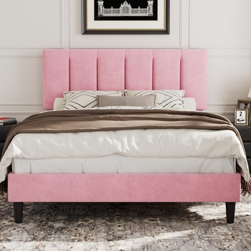 VECELO Full Size Bed Frame with Upholstered Headboard, Velvet & Pink