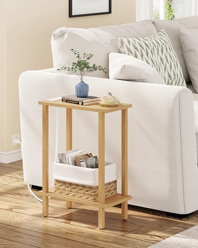 TUTOTAK Narrow Side Table, 2-Tier Small End Table with Charging Station