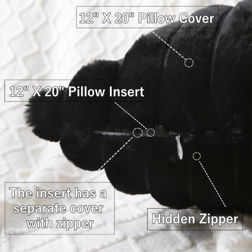 Decorative Throw Pillow with Inserts, Set of 2 Soft Faux Fur Throw Pillows, Boho Striped Pillow for Couch, Bed, Sofa Decor (Black 12" x 20"(Pack of 2))