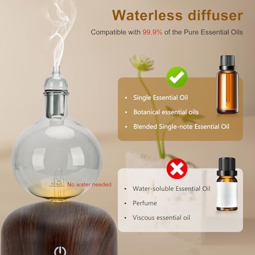 Lychee Rechargeable Waterless Essential Oil Diffuser, Aromatherapy Spray Glass Oil Diffuser, Touch Control with 2 Modes,Travel Portable，Silent Operation and Auto-Off Yellow Light for Home Office