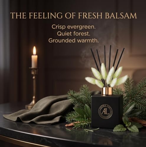 Black Reed Diffuser Sticks in Oil Set with Fresh Balsam Scent | Long-Lasting Reed Diffusers for Home, Office & Bedroom Decor Fragrance Diffuser | Green Dried Flowers | (5 oz)