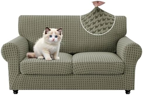 MAXIJIN 3 Pieces Stretch Sofa Covers for 2 Cushion Couch Loveseat Cover for Dogs Washable Love Seat Sofa Slipcovers Thick Soft Furniture Protector with Non Slip Strap (Army Green 55"-69")