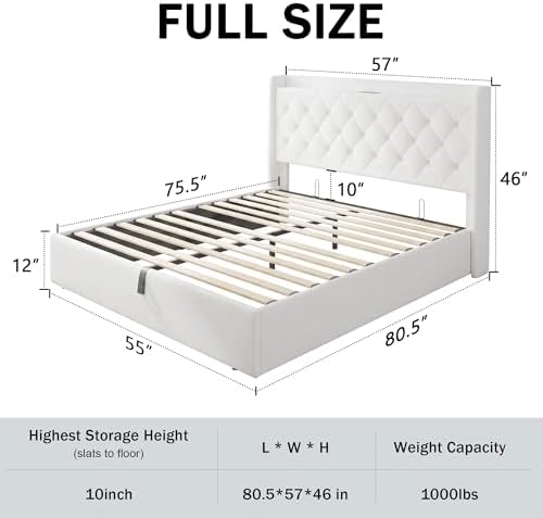 GalnFu Full Size Bed Frame with Storage, Upholstered Full Lift up Storage Bed Frame with Charging Station, Button Tufted Headboard, No Box Spring Needed, Easy Assembly, Noise Free, White